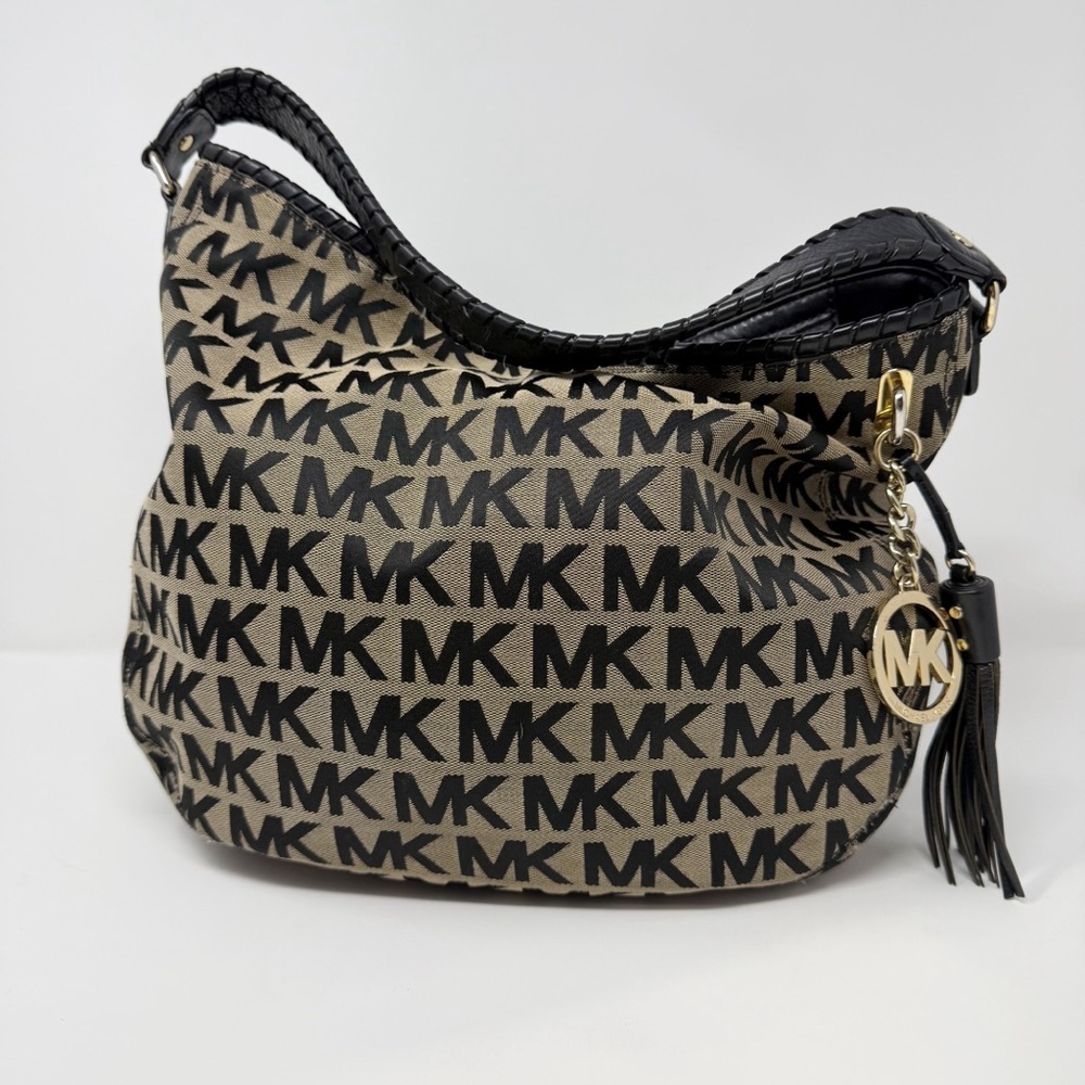 Michael Kors MK Logo Jacquard Hobo Shoulder Bag Black Tan Tassel Charm - Picture 15 of 16